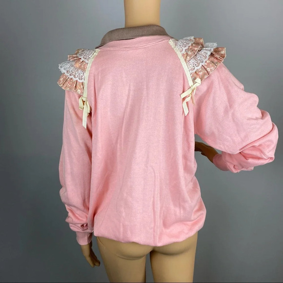 Vintage Sweatshirt Lace Collar Large Grannycore Grandma Cottagecore Pink Tan - Picture 2 of 6